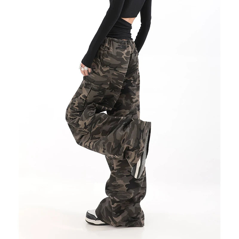 American Retro Women's Camouflage Denim Cargo Pants Summer Loose High Waist