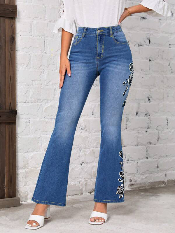 Women's Peacock Blue Stretch Floral Embroidered Flared Jeans