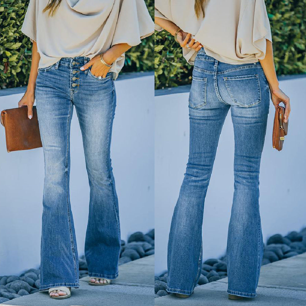 Pantalon en Jean Évasé Taille Haute Femme, Style Urbain Délavé