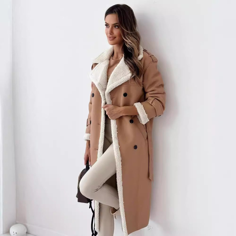 Manteau mi-long en polyester pour femme, style trench croisé à double boutonnage avec ceinture, pour l'hiver