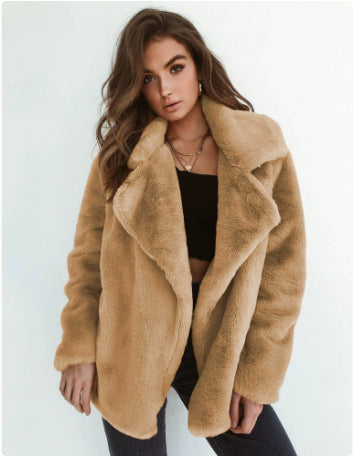Plush Lapel Woolen Coat for Women - Casual Loose Fit