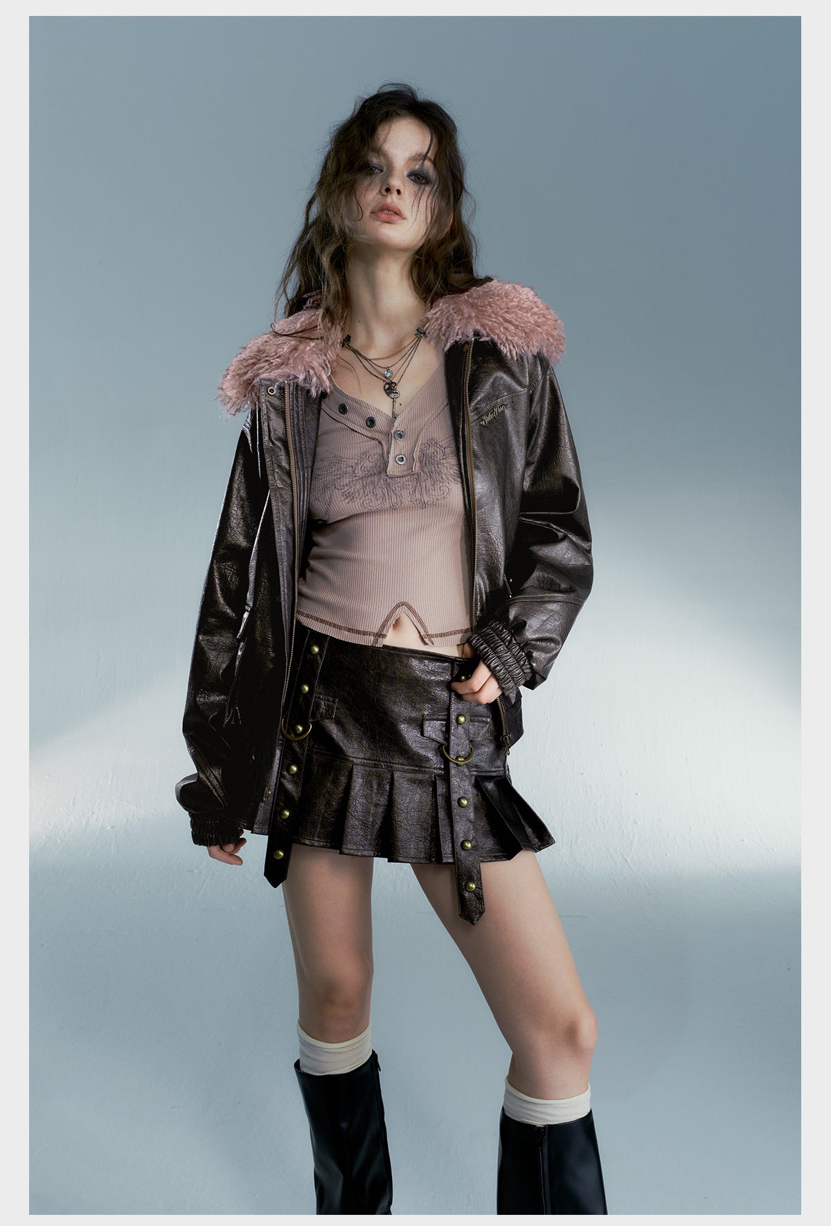 Heavy Wash Viscose Fiber Leather Skirt for Women Autumn Winter