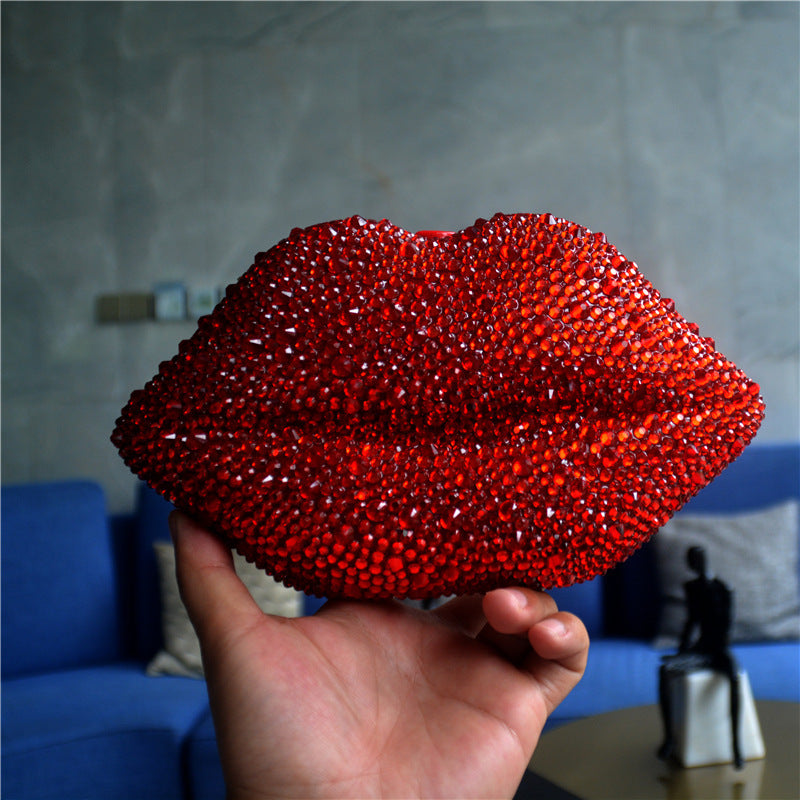 Rhinestone Red Acrylic Lip Chain Dinner Bag 23x13.5x6.5cm