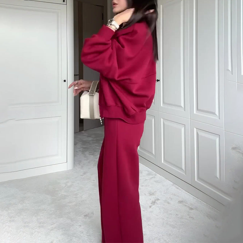 Solid Color Gray Polyester Zip Sweater & Casual Trousers Suit for Women