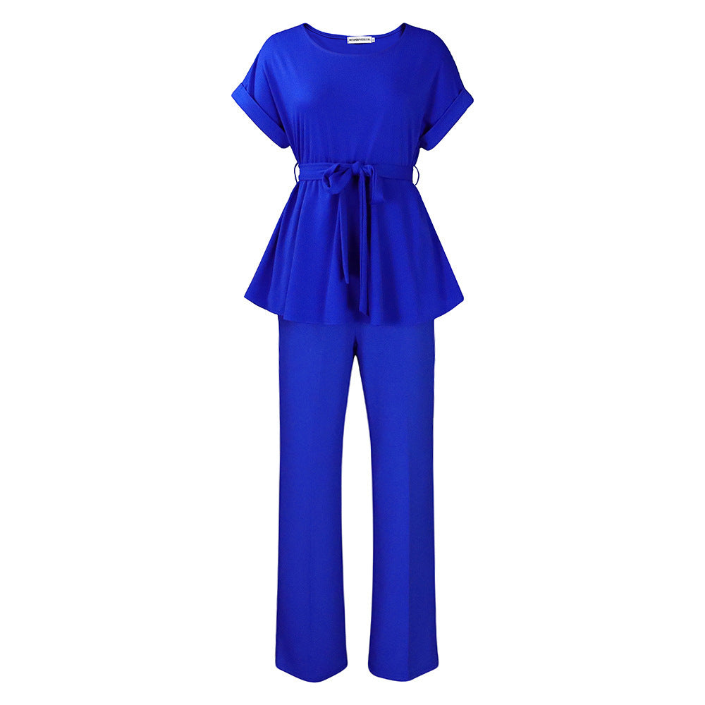 Solid Color Lace-Up Top & High Waist Wide Leg Pants Set