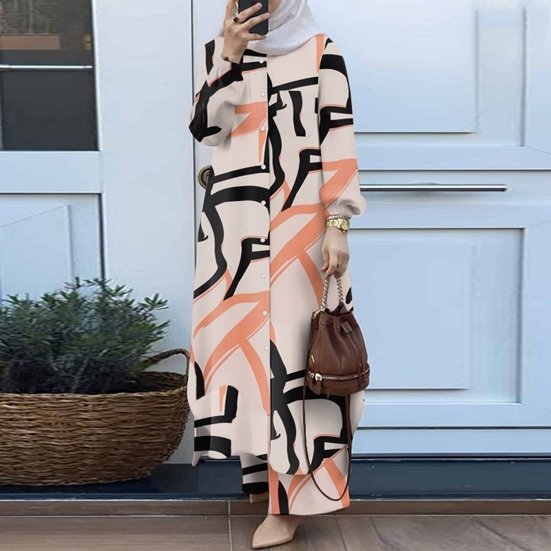 Ensemble musulman deux pièces : Chemise longue rétro et pantalon large