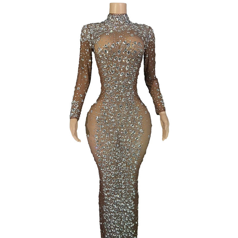 Robe de bal moulante à manches longues et strass pour femme