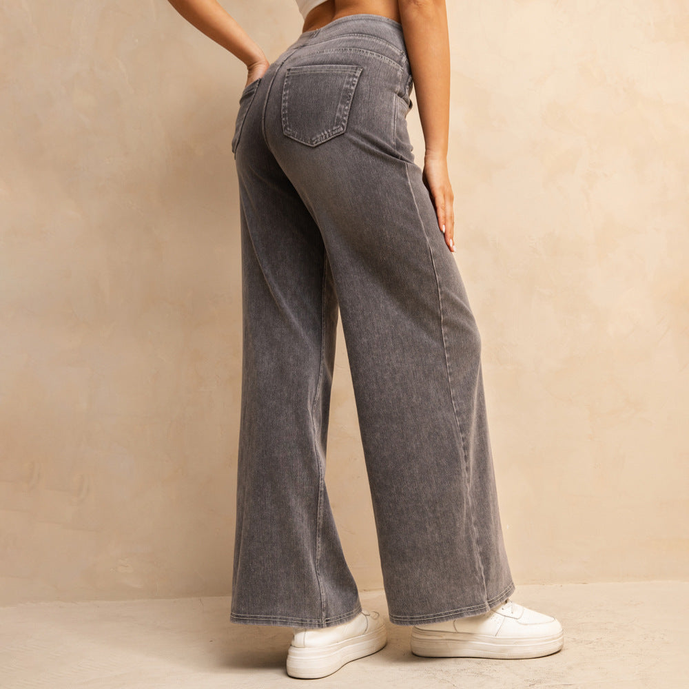 بنطلون جينز نسائي فضفاض بخصر عالٍ ولون رمادي فاتح متوسط