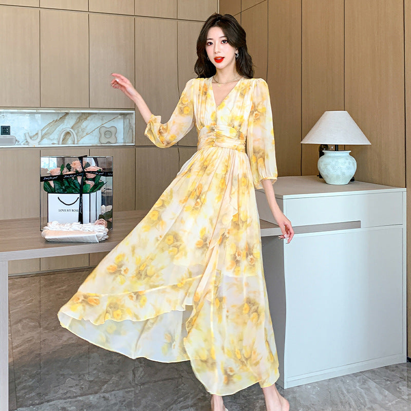 High-End Fashionable Yellow Chiffon A-Line Dress for Women