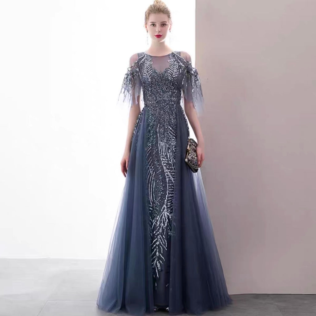 Robe de soirée perlée pour femme, dorée et bleu foncé