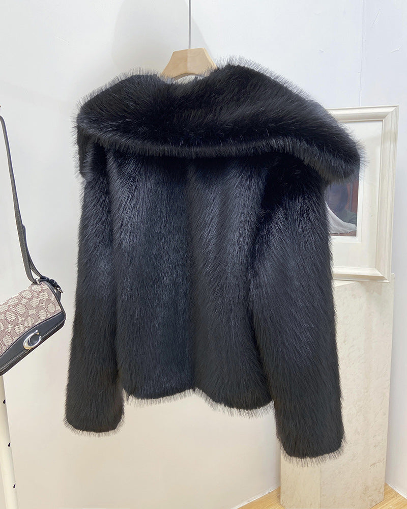 Women's Elegant Large Lapel Faux Fur Warm Coat in Black & Rice Apricot, Sizes S-XL