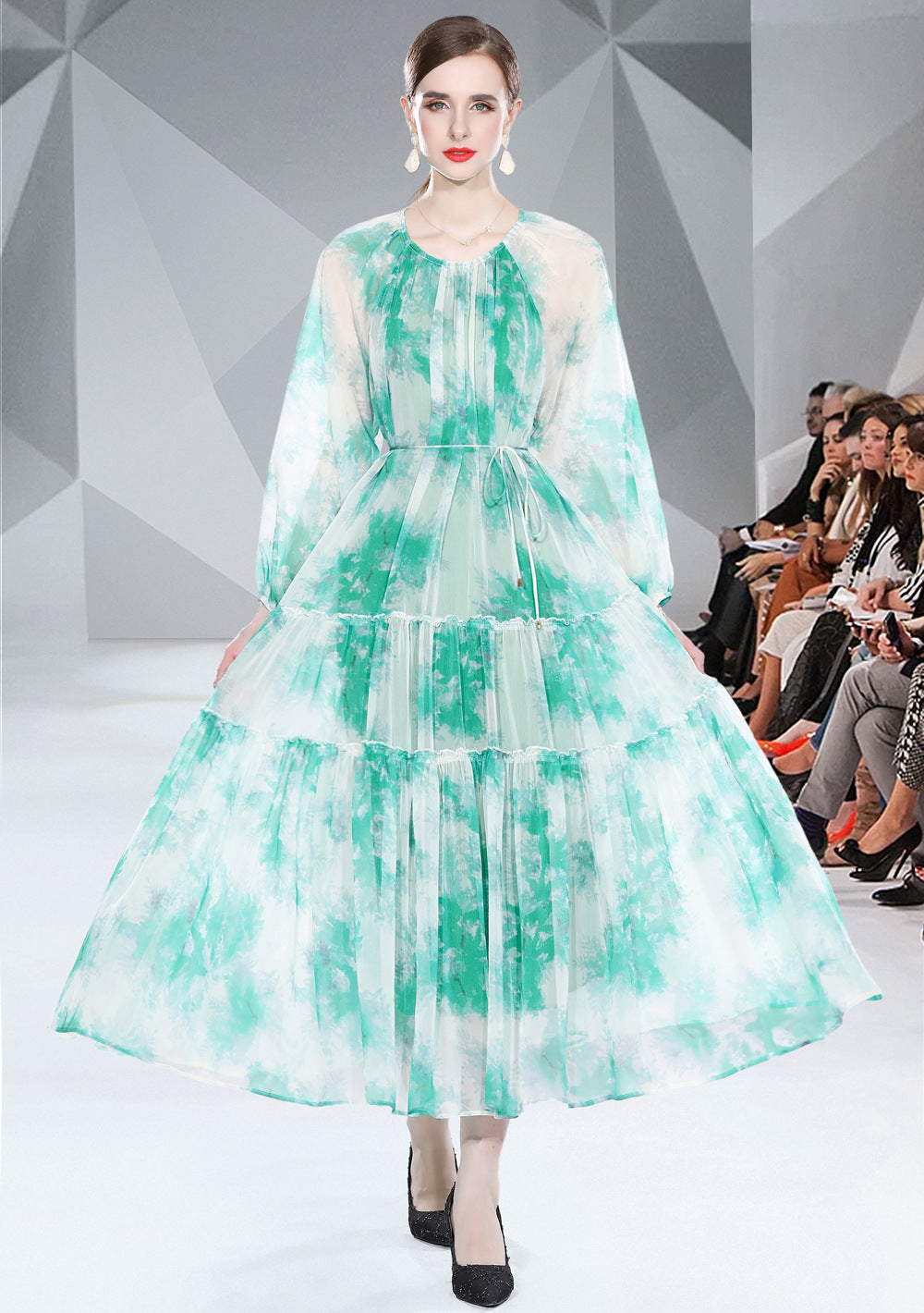 Long Sleeve Lacing Printed Chiffon Dress in Green & Yellow, Sizes M-2XL
