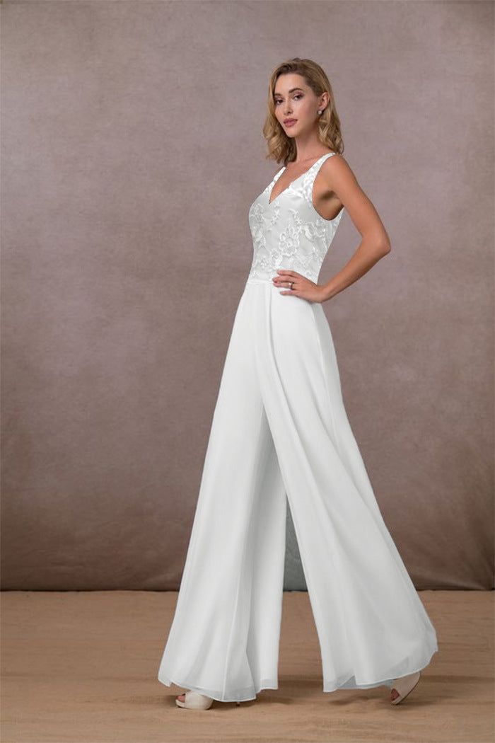 Women's White Mid-Waist Sleeveless V-Neck Wide-Leg Chiffon Jumpsuit
