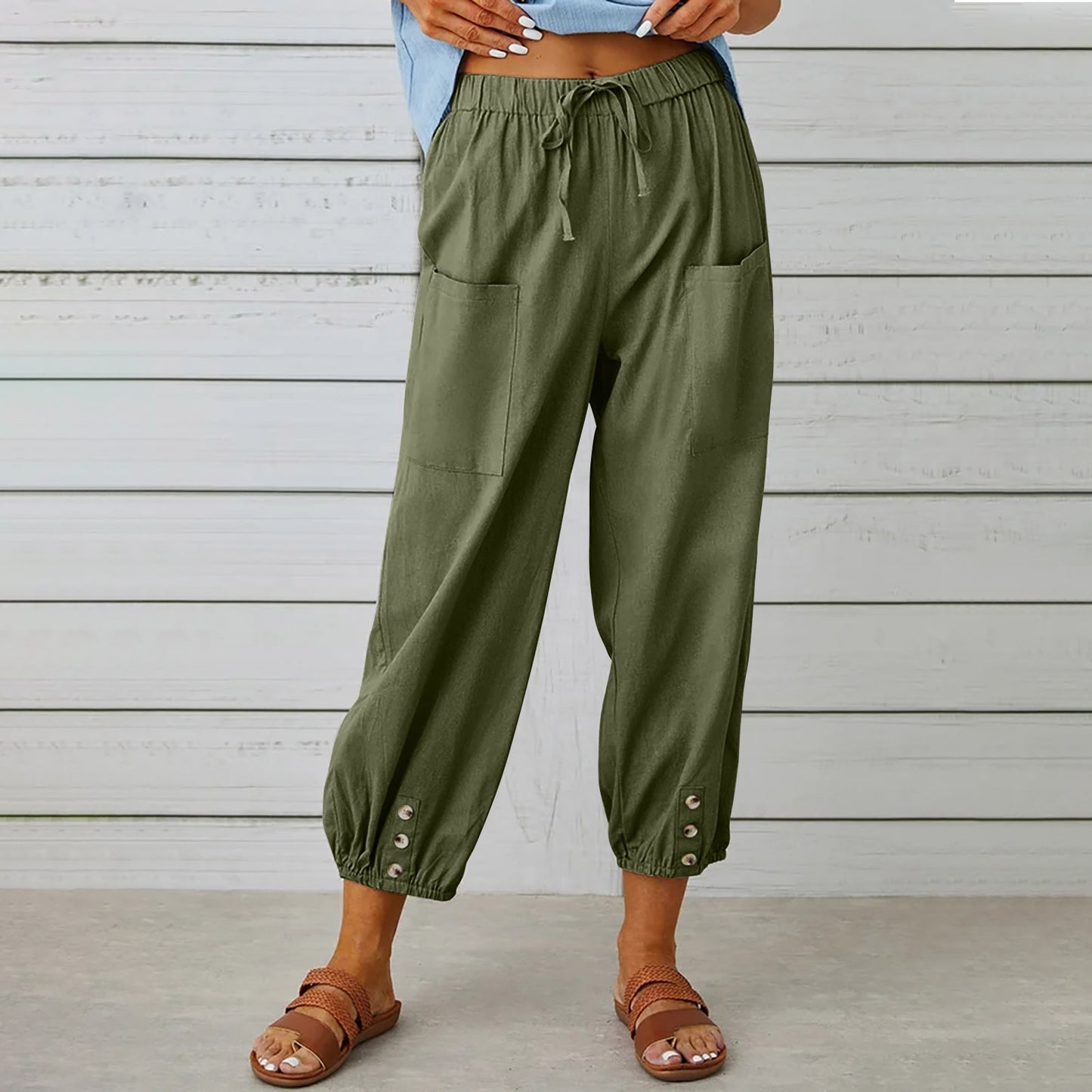 Women’s Cotton Linen Drawstring Pants With Pockets & Button - Spring Summer