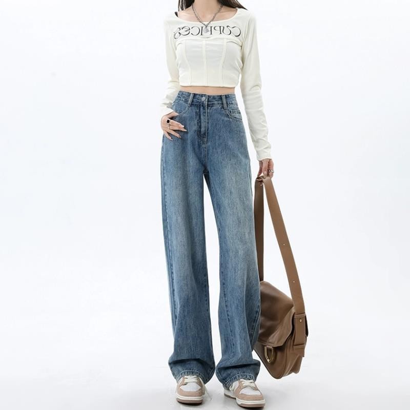 High Waist Wide Leg Denim Jeans for Women Spring Autumn Retro Blue