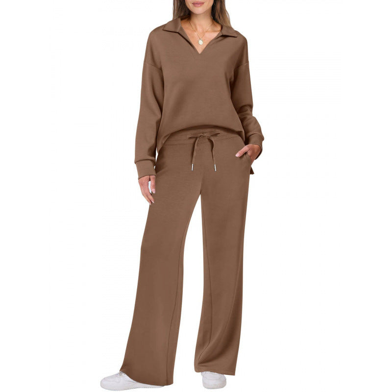 Women's V-Neck Tracksuit Set Long Sleeve Pullover & Drawstring Straight-Leg Trousers Solid Colors