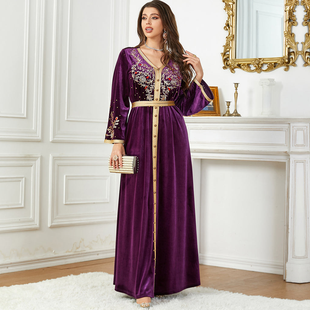 Robe brodée de perles en velours du Moyen-Orient, coloris noir, vert et violet, tailles M-XXL