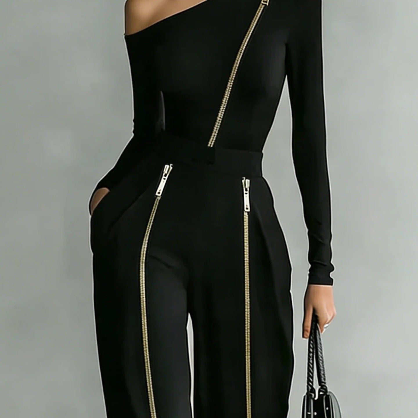 Crew-Neck Long Sleeve Knit Two-Way Zipper Wide-Leg Pants Set Black