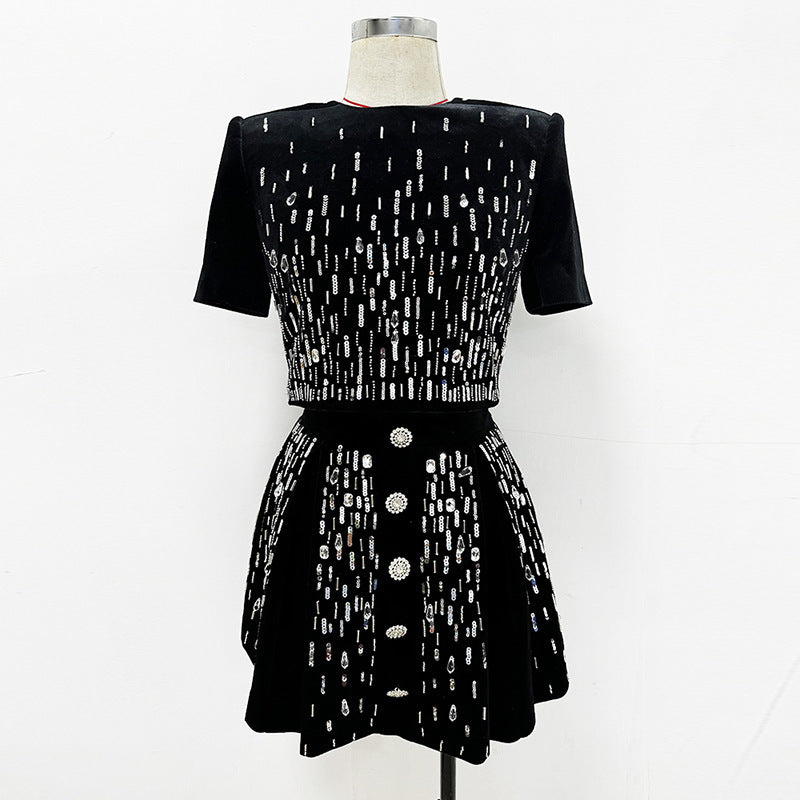 Black Fashion Bead Pleuche Mid-Length Dress Set with Coat and Skirt