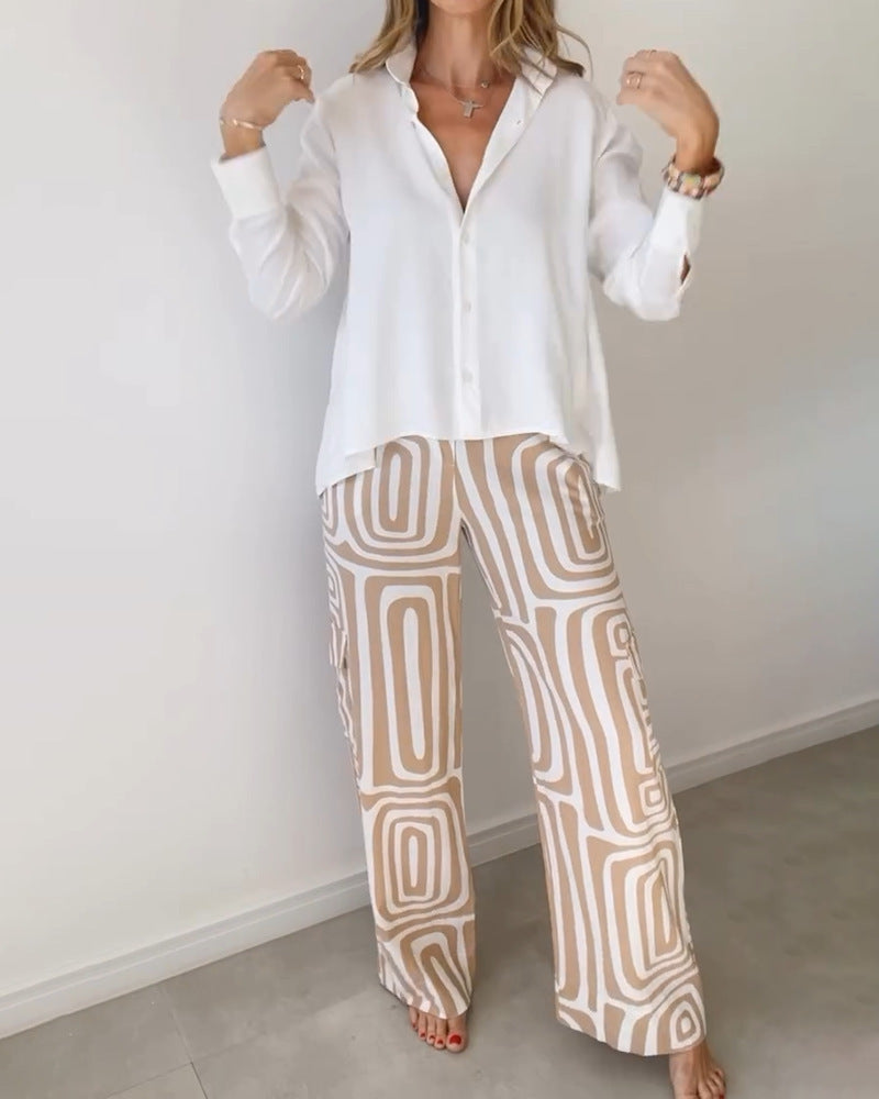 Ensemble chemise décontractée à manches longues et revers pour femme et pantalon ample imprimé
