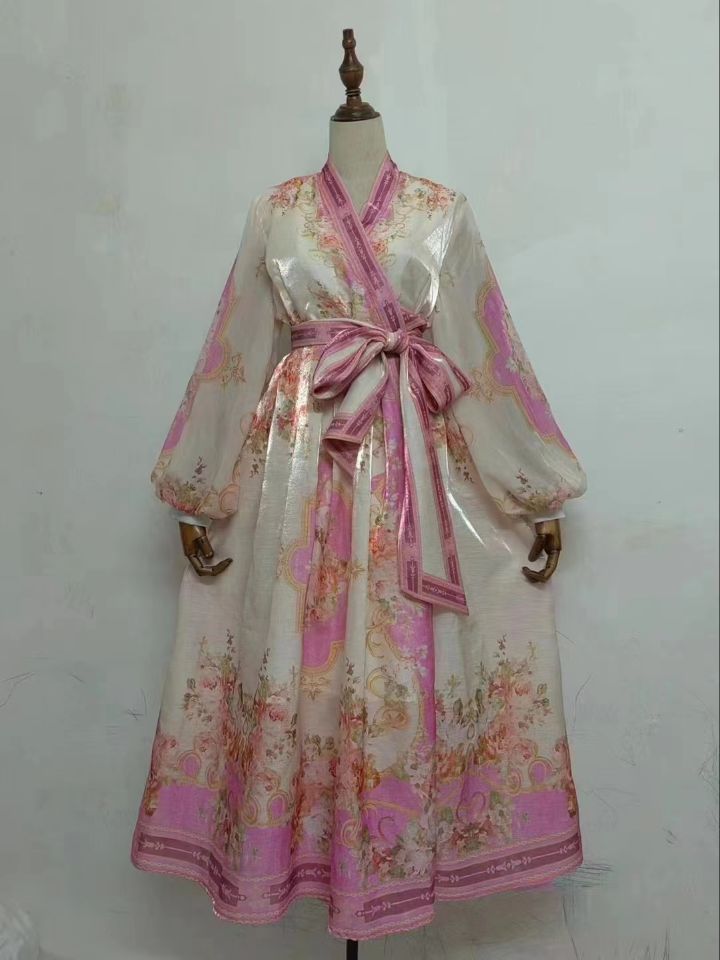 Women's Waist-Controlled Stylish Dress with Lantern Sleeves in Pink, Blue, Green S-XL