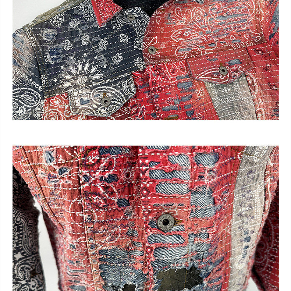 Red Cashew Flower Denim Jacket with Lapel Collar