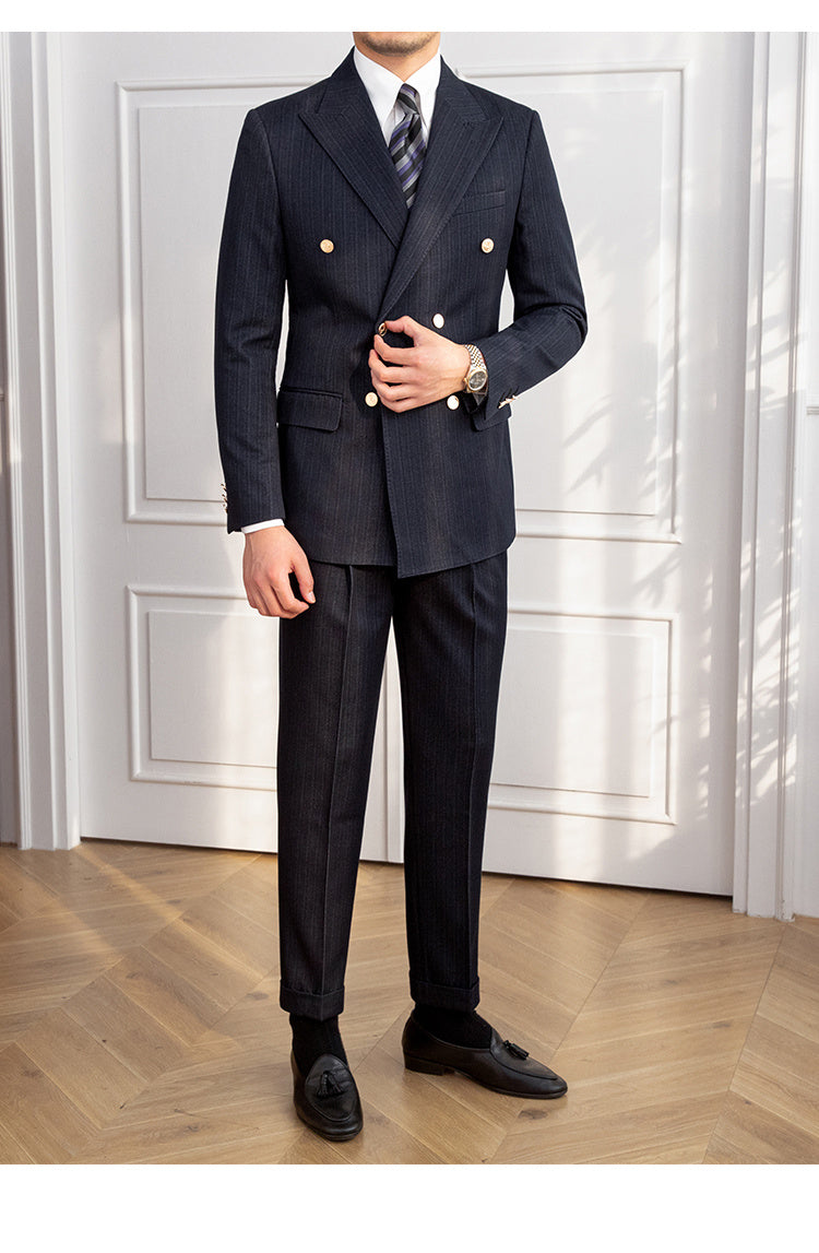 Autumn Double Breasted Slim Fit Striped Suit