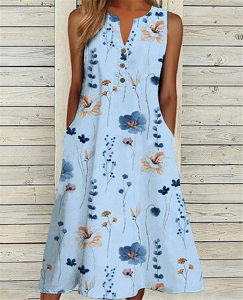 Summer V-Neck Casual Printed Long A-Line Skirt
