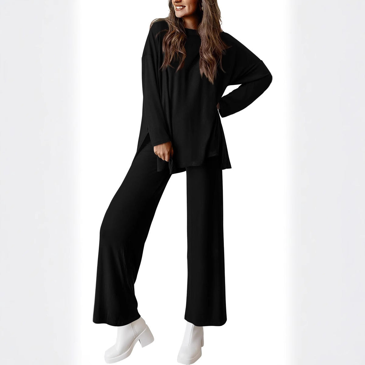 Women's Knitted Casual Solid Color Suit with Pants