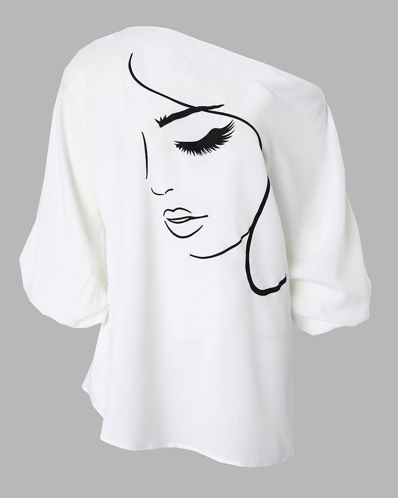Summer Women's White Face Print Top with Princess Sleeves