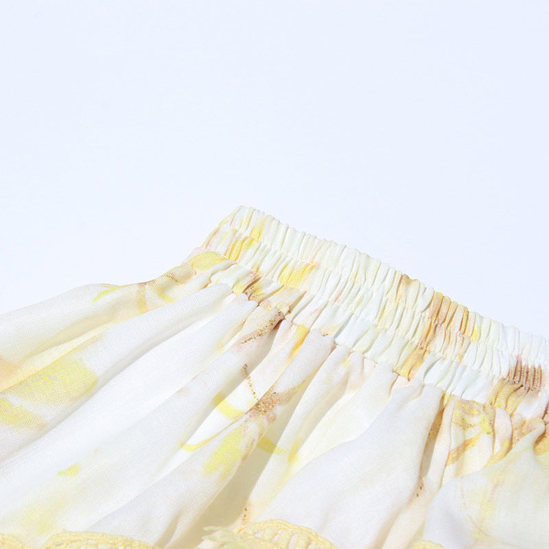 Women’s Fashion Floral Ruffles Skirt Suit with Lantern Sleeves