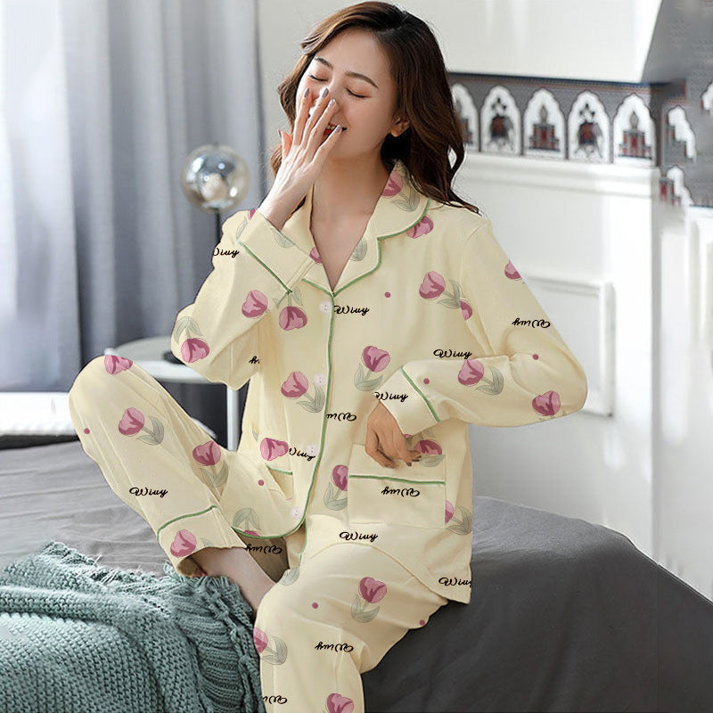 Elegant Women's Autumn Winter Cotton-Like Long Sleeve Two-Piece Pajama Set