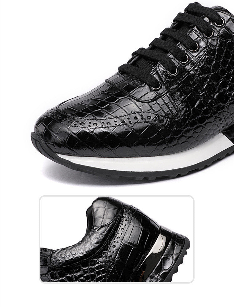 Baskets Rétro Noires Homme en Cuir de Crocodile Lacets Semelle Caoutchouc