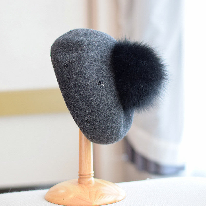 Women's Vintage Wool Dome Hat with Fox Fur Ball for Autumn Winter M 56-58cm