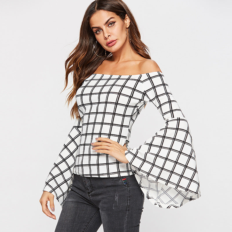 Off-The-Shoulder White Flared Sleeve Long-Sleeve Slim Fit T-Shirt for Women