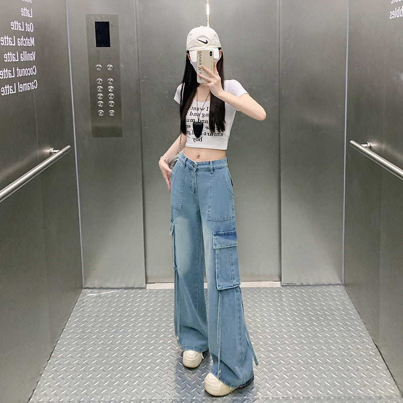 Figure-Flattering Blue High-Waist Straight-Leg Denim Pants with Large Pockets