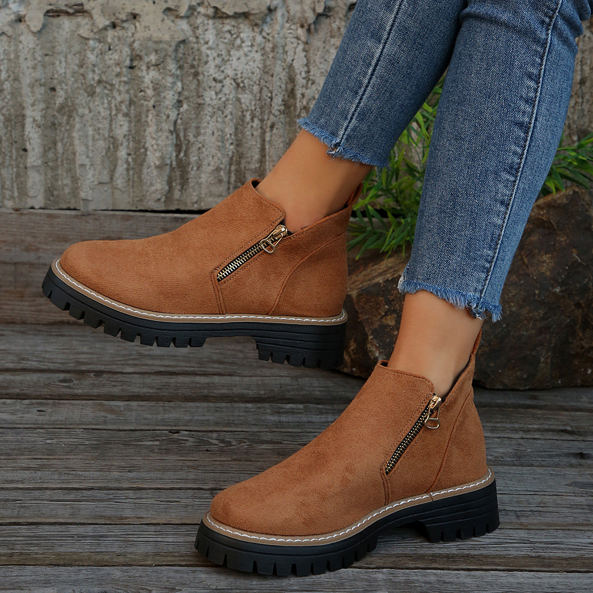 Women’s Suede Chunky Ankle Boots with Side Zipper – Autumn Winter, Mid Heel, Multiple Colors