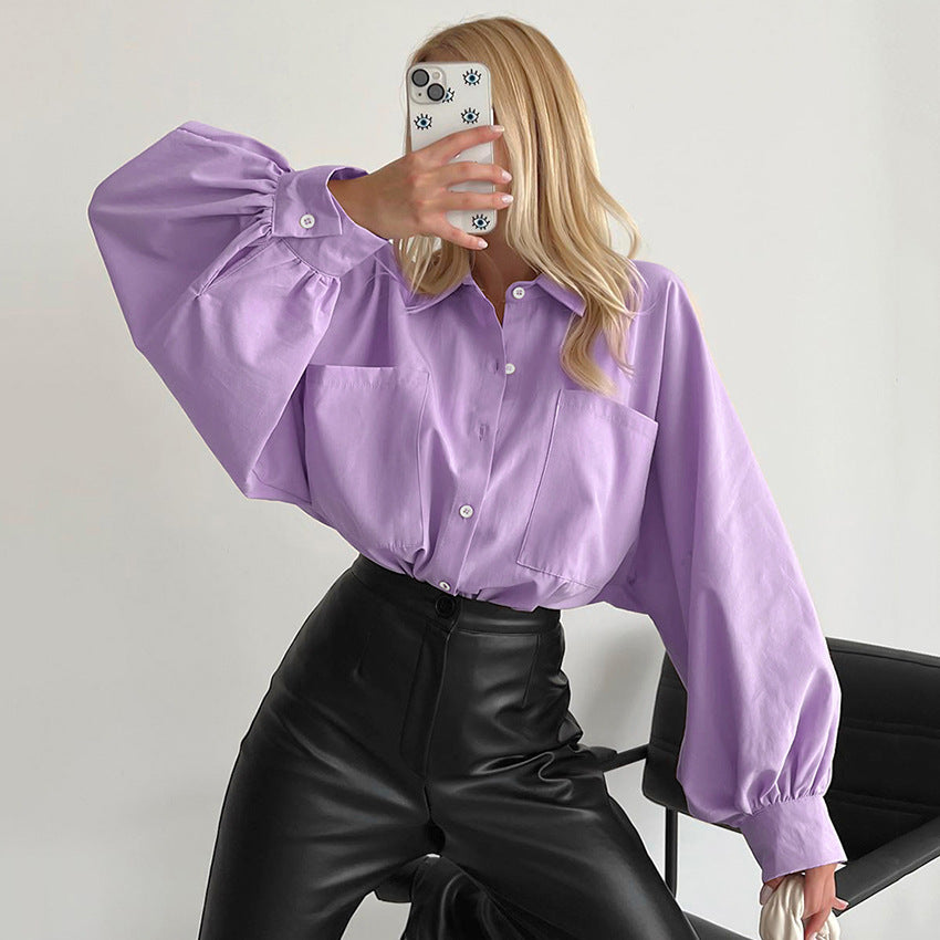 Women's Casual Polo Collar Batwing Sleeve Shirt with Pocket