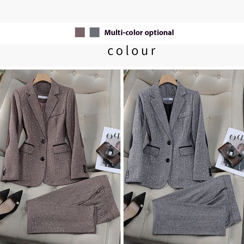 Tailleur deux pièces gris professionnel à manches longues pour femme