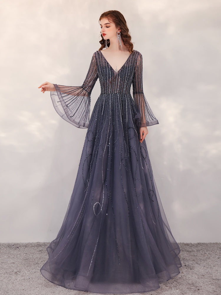 High-End Luxury Evening Dress for Banquet with Trumpet Sleeve and Zipper