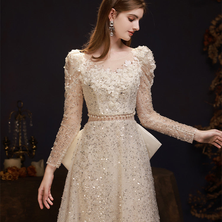 Women's Fashion Beige Heavy Mesh Sequin Dress