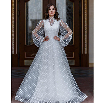 Women’s White Polka Dot Mesh Puff Sleeve Dress