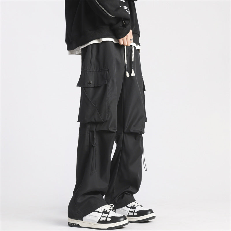 Men's Loose Wide Leg Straight Casual Pants in Black & Green Polyester