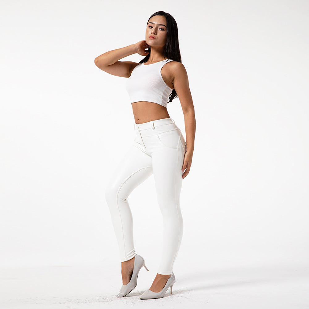 White PU Leather Pencil Pants for Women Fitness