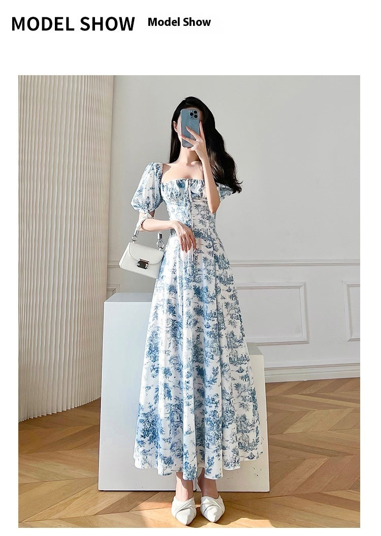 Vintage Floral Square Collar Puff Sleeve Dress in Sky Blue