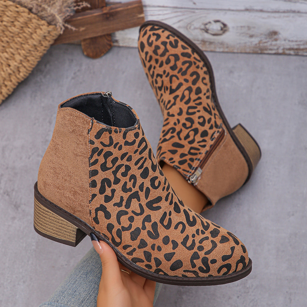 Bottes Chelsea d'hiver en daim imprimé léopard camel à talons mi-hauts pour femme