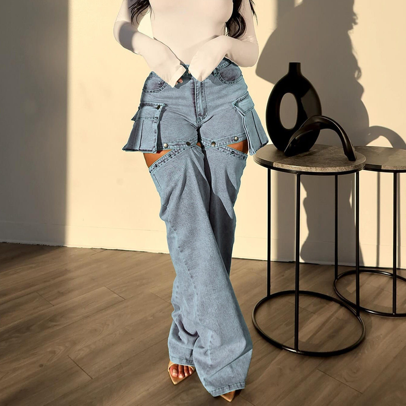Women's Light Blue Stretch Denim Detachable Hanging Bag Shorts Trousers