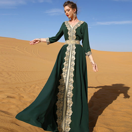 Fashion Arabian Women's Dark Green Embroidered Lace Dress