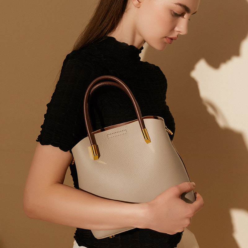 Western Style Genuine Leather Bucket Bag for Women