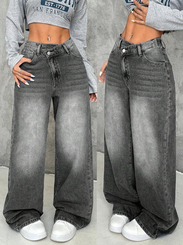 Jean droit ample gris foncé taille haute pour femme